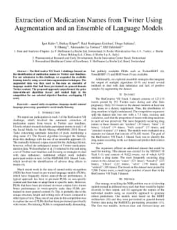 Extraction of Medication Names from Twitter Using Augmentation and an
  Ensemble of Language Models