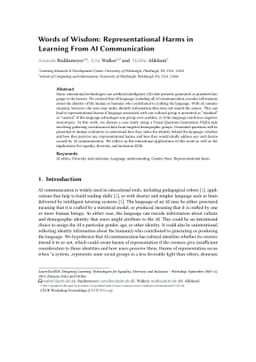 Words of Wisdom: Representational Harms in Learning From AI
  Communication