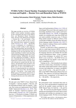 NVIDIA NeMo Neural Machine Translation Systems for English-German and
  English-Russian News and Biomedical Tasks at WMT21