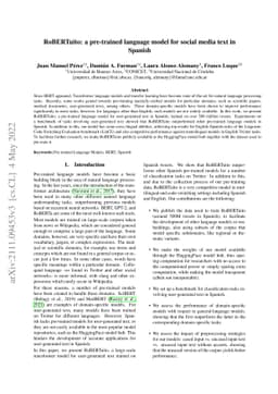 RoBERTuito: a pre-trained language model for social media text in
  Spanish