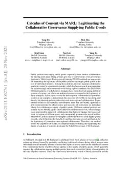 Calculus of Consent via MARL: Legitimating the Collaborative Governance
  Supplying Public Goods