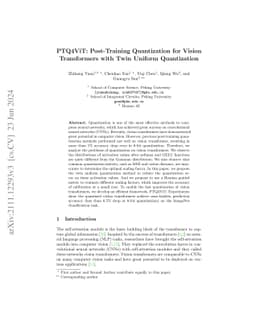 PTQ4ViT: Post-training quantization for vision transformers with twin
  uniform quantization