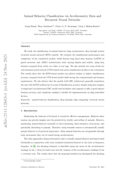 Animal Behavior Classification via Accelerometry Data and Recurrent
  Neural Networks