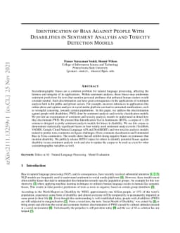 Identification of Bias Against People with Disabilities in Sentiment
  Analysis and Toxicity Detection Models