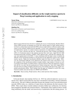 Impact of classification difficulty on the weight matrices spectra in
  Deep Learning and application to early-stopping