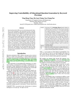 Improving Controllability of Educational Question Generation by Keyword
  Provision