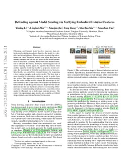 Defending against Model Stealing via Verifying Embedded External
  Features