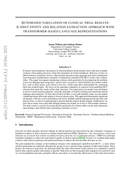 Automated tabulation of clinical trial results: A joint entity and
  relation extraction approach with transformer-based language representations