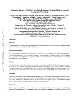 A Scoping Review of Publicly Available Language Tasks in Clinical
  Natural Language Processing