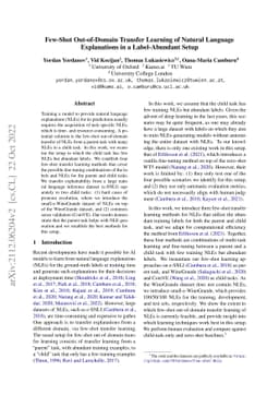 Few-Shot Out-of-Domain Transfer Learning of Natural Language
  Explanations in a Label-Abundant Setup