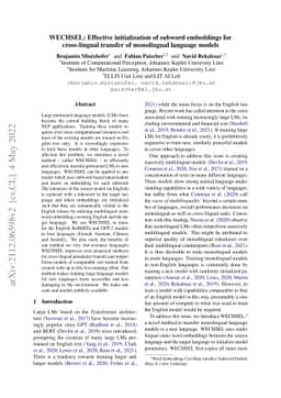 WECHSEL: Effective initialization of subword embeddings for
  cross-lingual transfer of monolingual language models