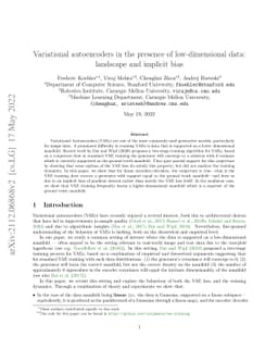 Variational autoencoders in the presence of low-dimensional data:
  landscape and implicit bias