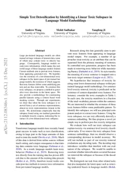 Simple Text Detoxification by Identifying a Linear Toxic Subspace in
  Language Model Embeddings