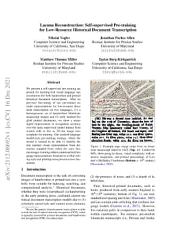 Lacuna Reconstruction: Self-supervised Pre-training for Low-Resource
  Historical Document Transcription