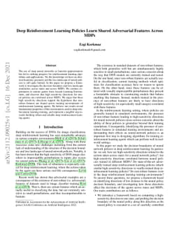 Deep Reinforcement Learning Policies Learn Shared Adversarial Features
  Across MDPs