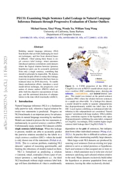 PECO: Examining Single Sentence Label Leakage in Natural Language
  Inference Datasets through Progressive Evaluation of Cluster Outliers