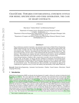 Chat2Code: Towards conversational concrete syntax for model
  specification and code generation, the case of smart contracts
