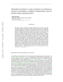 Towards continual task learning in artificial neural networks: current
  approaches and insights from neuroscience