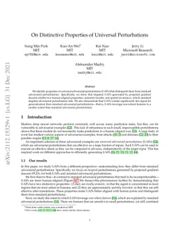 On Distinctive Properties of Universal Perturbations