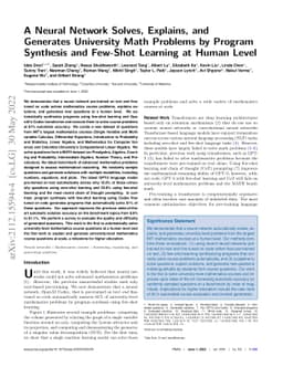 A Neural Network Solves, Explains, and Generates University Math
  Problems by Program Synthesis and Few-Shot Learning at Human Level