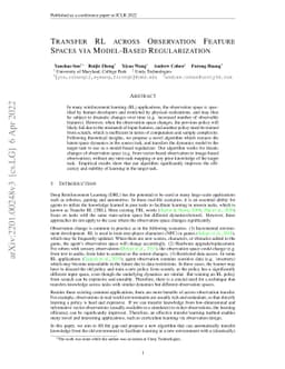 Transfer RL across Observation Feature Spaces via Model-Based
  Regularization