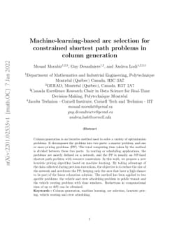 Machine-learning-based arc selection for constrained shortest path
  problems in column generation