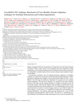 CrossMoDA 2021 challenge: Benchmark of Cross-Modality Domain Adaptation
  techniques for Vestibular Schwannoma and Cochlea Segmentation