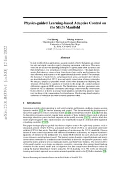 Physics-guided Learning-based Adaptive Control on the SE(3) Manifold