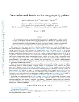 On neural network kernels and the storage capacity problem