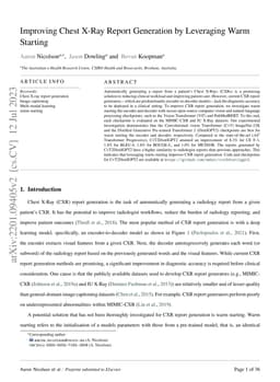 Improving Chest X-Ray Report Generation by Leveraging Warm Starting