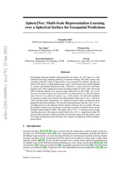 Sphere2Vec: Multi-Scale Representation Learning over a Spherical Surface
  for Geospatial Predictions