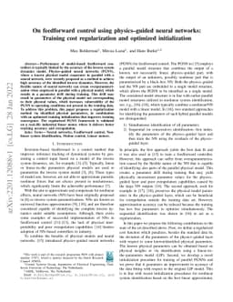 On feedforward control using physics-guided neural networks: Training
  cost regularization and optimized initialization