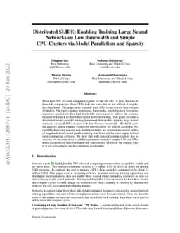 Distributed SLIDE: Enabling Training Large Neural Networks on Low
  Bandwidth and Simple CPU-Clusters via Model Parallelism and Sparsity