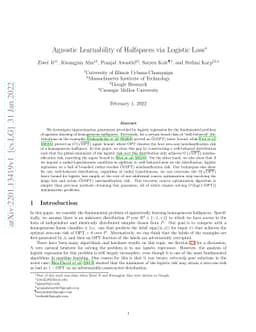 Agnostic Learnability of Halfspaces via Logistic Loss