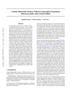 Content Addressable Memory Without Catastrophic Forgetting by
  Heteroassociation with a Fixed Scaffold