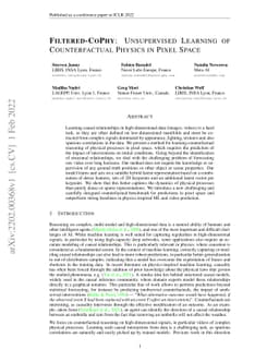 Filtered-CoPhy: Unsupervised Learning of Counterfactual Physics in Pixel
  Space