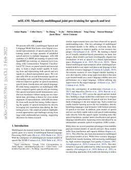 mSLAM: Massively multilingual joint pre-training for speech and text