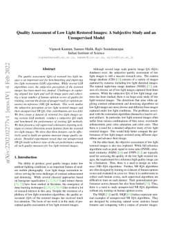 Quality Assessment of Low Light Restored Images: A Subjective Study and
  an Unsupervised Model