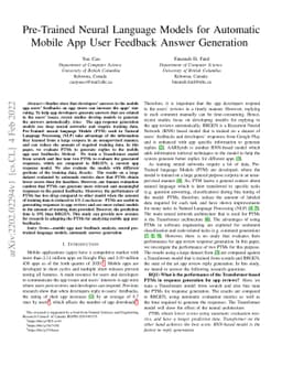 Pre-Trained Neural Language Models for Automatic Mobile App User
  Feedback Answer Generation