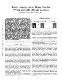 Lossy Compression of Noisy Data for Private and Data-Efficient Learning