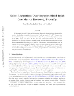 Noise Regularizes Over-parameterized Rank One Matrix Recovery, Provably