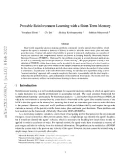 Provable Reinforcement Learning with a Short-Term Memory