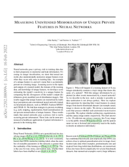 Measuring Unintended Memorisation of Unique Private Features in Neural
  Networks