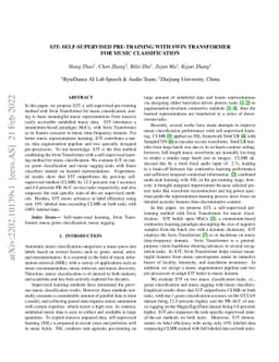 S3T: Self-Supervised Pre-training with Swin Transformer for Music
  Classification