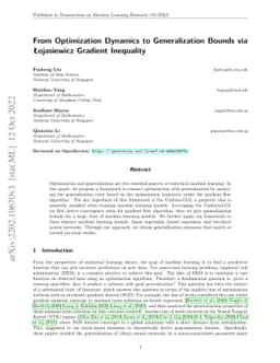 From Optimization Dynamics to Generalization Bounds via Łojasiewicz
  Gradient Inequality