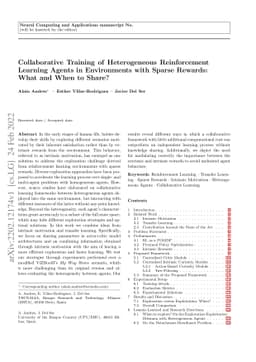 Collaborative Training of Heterogeneous Reinforcement Learning Agents in
  Environments with Sparse Rewards: What and When to Share?