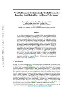 Provable Stochastic Optimization for Global Contrastive Learning: Small
  Batch Does Not Harm Performance