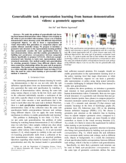 Generalizable task representation learning from human demonstration
  videos: a geometric approach