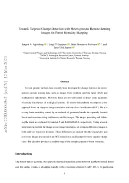 Towards Targeted Change Detection with Heterogeneous Remote Sensing
  Images for Forest Mortality Mapping
