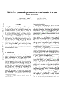 MRI-GAN: A Generalized Approach to Detect DeepFakes using Perceptual
  Image Assessment